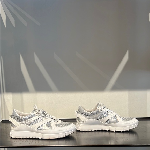 Jimmy Choo Silver Glitter and White Leather Sneakers - Picture 3 of 15